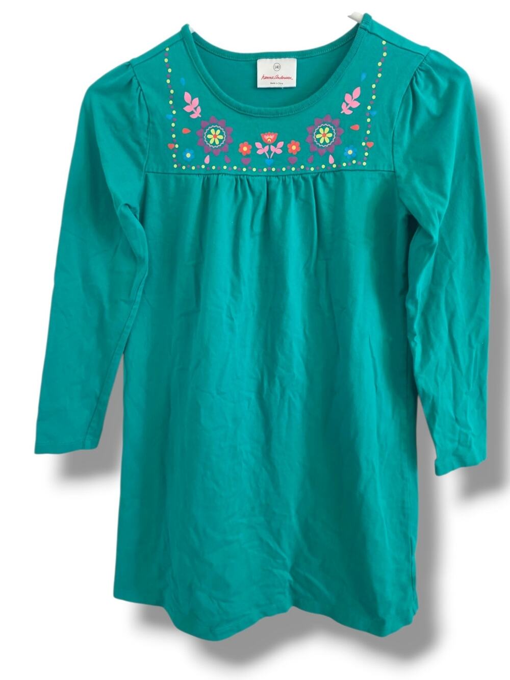 Hanna Andersson Girls 10 140cm Green Emerald Screenprint Yolk Dress